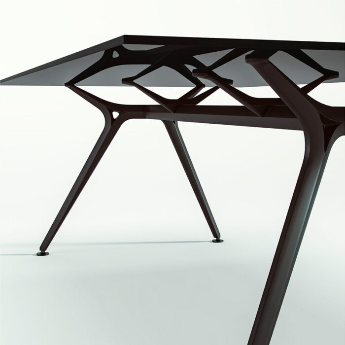 Mesa-de-despacho-Ber-Arkitek-19 detalle tablero cristal negro anclado a estructura metálica negra