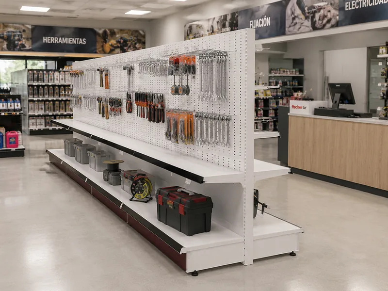 Góndola de supermercado de segunda mano de cuatro módulos con panel perforado y ganchos