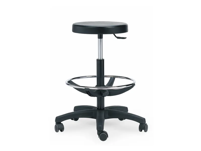 Taburete de oficina Hg Hercules con asiento redondo negro, pistón de gas, aro cromado y ruedas