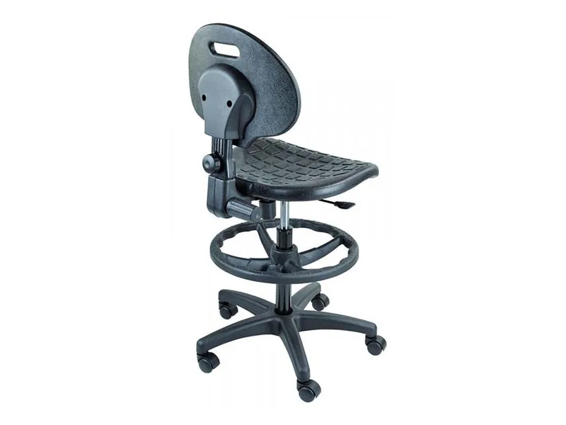 Taburete de trabajo Hg Teknos de poliuretano negro con respaldo, aro reposapiés y ruedas