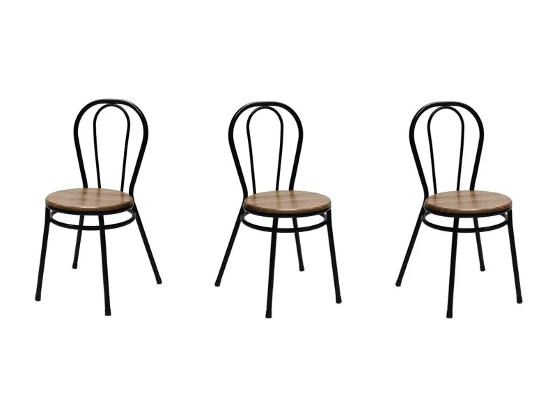 Tres sillas Bistro de respaldo de aros de acero negro y asiento redondo de madera