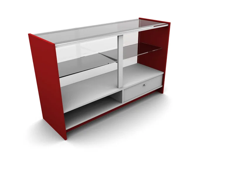 Mostrador de tienda EM Mod5 con vitrina de cristal y laterales rojos