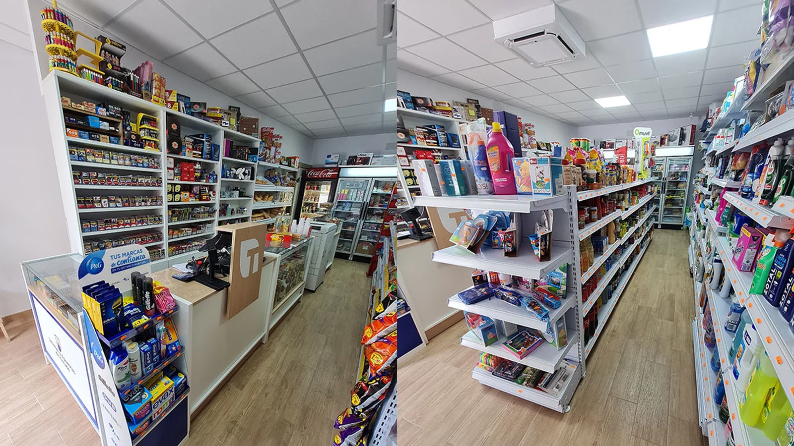 Distribución de una tienda pequeña montada por Muebles Talego: caja junto a la entrada, murales de baldas en la pared y una góndola en el centro